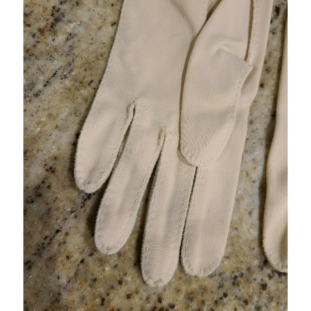 Vtg Nylon Stretch 11.5" Formal Beige Gloves. Women's Sz 6 Medium Embroidered - Picture 7 of 12
